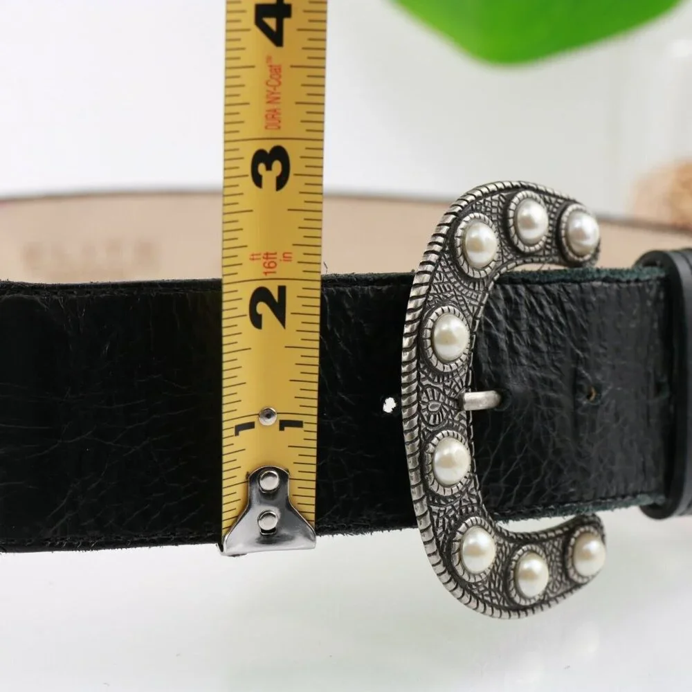 VTG Elite Accessories Womens Belt Size Medium Black Leather Pearl Big Buckle USA